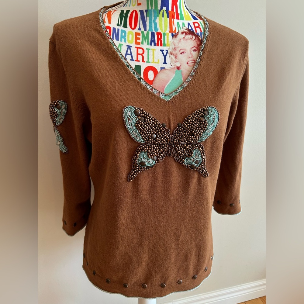Kapalua Wanted Brown Top with Beaded Butterfly Accents
